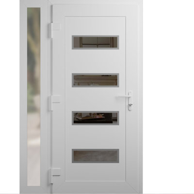Porte d'entrée extérieure prémontée en PVC-U, finition métal-plastique, Manux 8113, blanc soie, avec imposte latérale. Convient aux bureaux, aux commerces et aux habitations. Parfait pour l'entrée, les patios et les garages. Dimensions : 46 x 80 pouces (L 32 + 14 x H 80 pouces). Ouverture à droite vers l'intérieur.