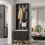 Arbre d'entrée étroit de 23,6 po avec banc rembourré et portes cannelées, organisateur de hall d'entrée de luxe moderne avec 8 crochets dorés, portemanteau mince avec armoire escamotable, accent noir et doré pour les petits espaces