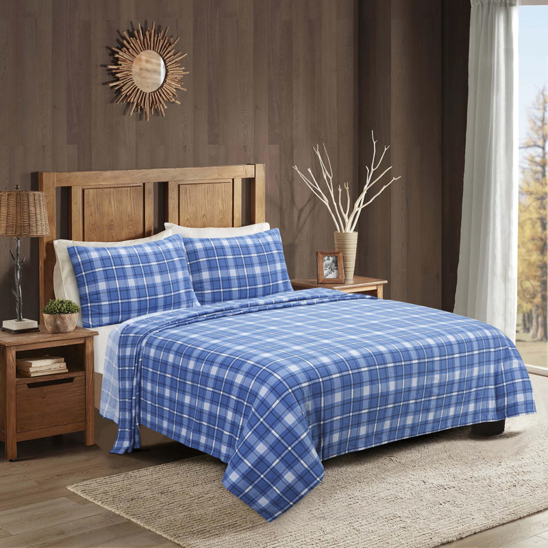 Davae 100% Cotton Flannel Plaid Sheet Set, California King, Dark Blue Plaid