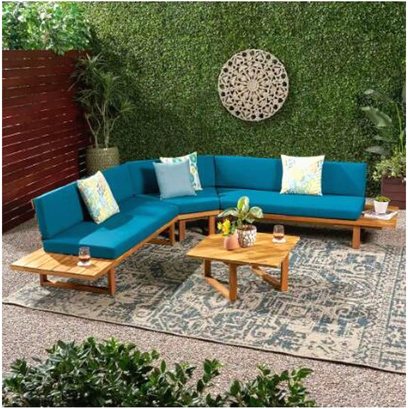 5 SEATER SECTIONAL SOFA SET WITH CUSHIONS, Teal, Natural