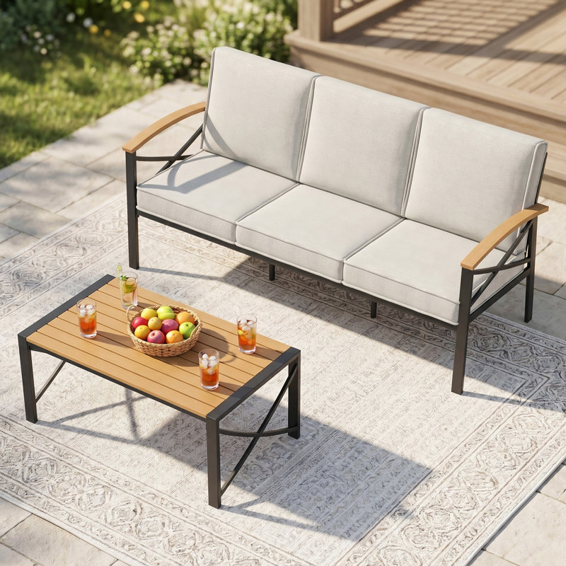 Patio Sofa With Cushions And Coffee Table, Brown