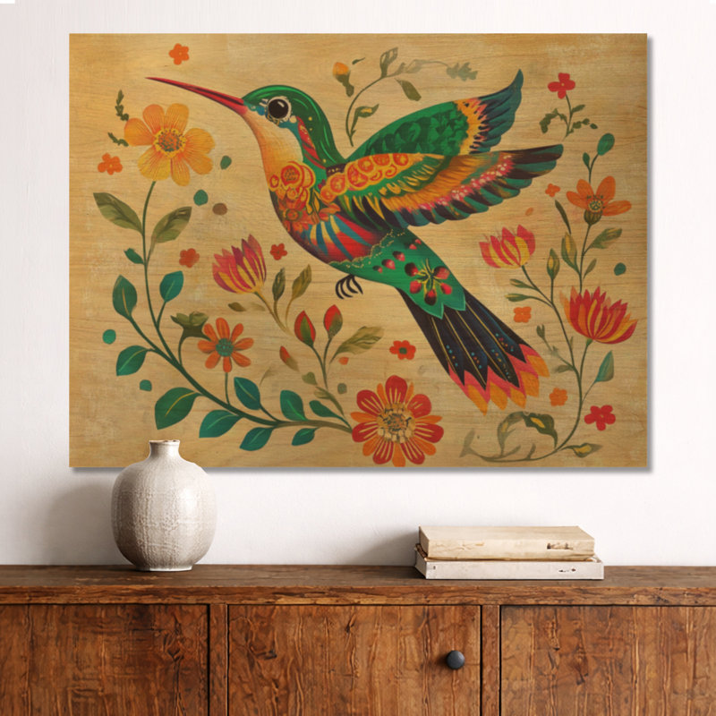Colibri de floraison mexicaine II - Décoration murale en bois naturel, H 30 po x l 40 po, Rectangulaire