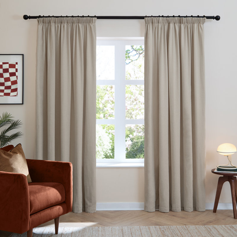 Soft Chenille Blackout Pencil Pleat Curtains, 168cm Width x 229cm Drop, Beige