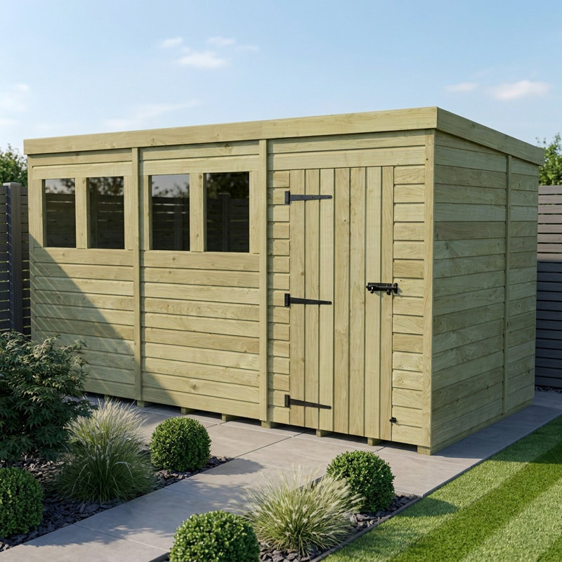 Total Sheds 12ft x 7ft Pent Garden Shed - Single Door - With Windows - Pressure Treated Timber - UK Manufactured
