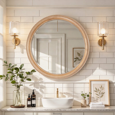 35.43 Inch Round Farmhouse Wood Wall Mirror with Whitewash Edge