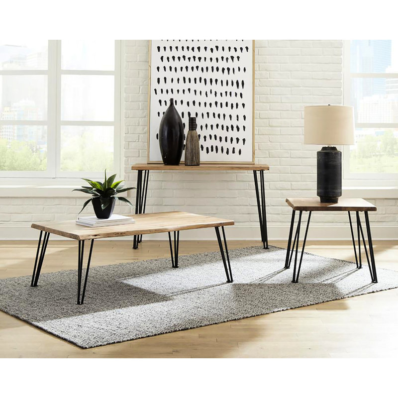Table de bout en bois naturel avec pieds noirs mat et style rustique - Ameublement à pieds en épingle