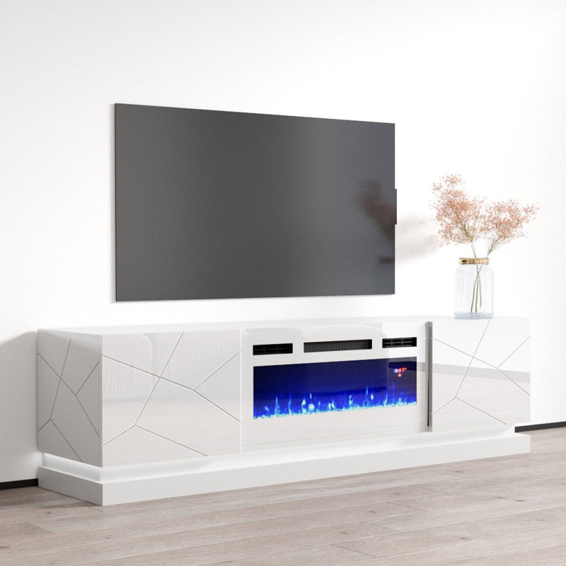70.9" Modern TV Stand with Electric Fireplace, High Gloss Finish, Media Storage, White
