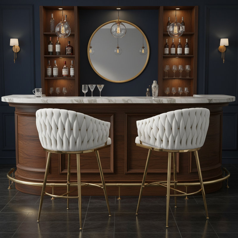 Glam Tufted Bar Stools (Set of 2) -  Upholstered Counter Stools with Gold Metal Legs for Kitchen & Ba, White