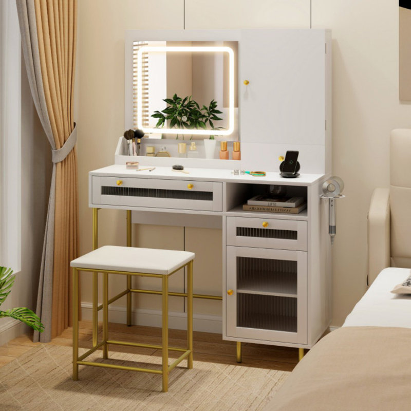 Modern Makeup Vanity Desk with Mirror and Lights and Stool Set