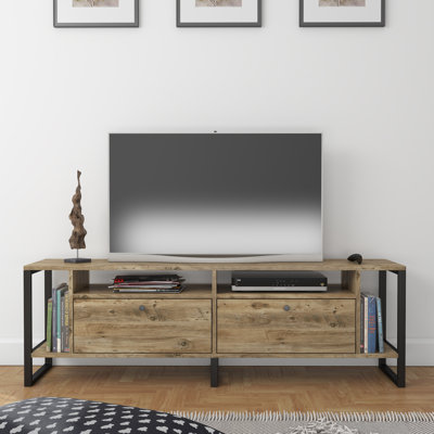 Meuble télé Lotus pour téléviseur de 65 po ou moins, console média rustique avec rangement et pieds en métal, finition bois de chêne brun clair