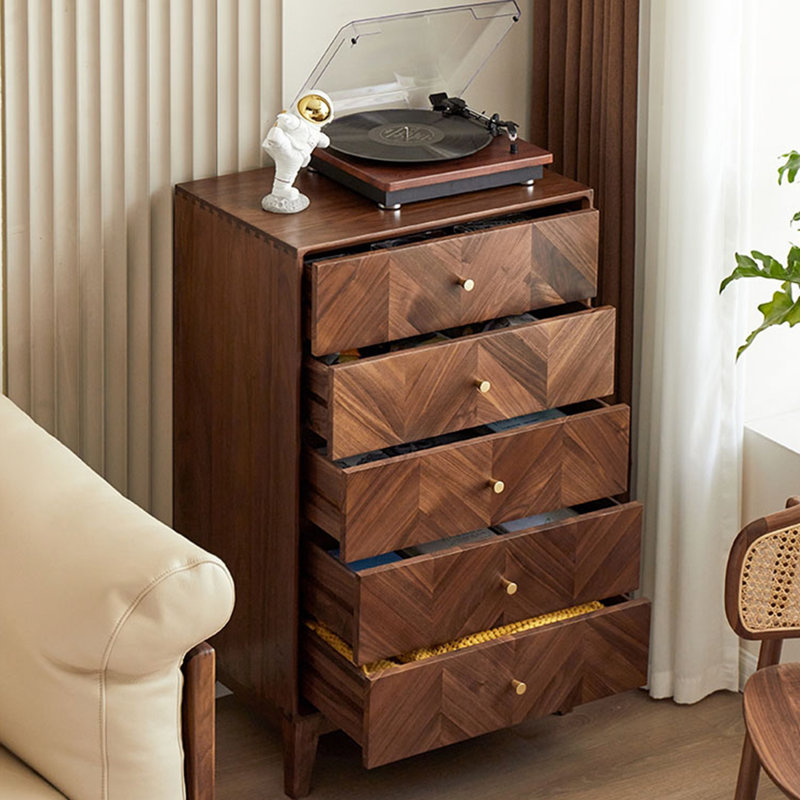 Commode décorative 5 tiroirs en bois de noyer noir