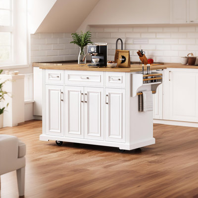 54-Inch Rubberwood Folding Side, Embossed Texture Kitchen Cart With Wheels, 4 Doors, 3 Drawers With Storage by Lark Manor