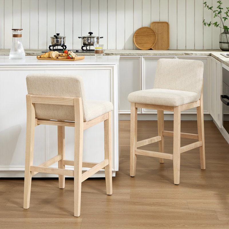 Tabouret de comptoir rembourré en lin massif Albia, Beige / Naturel