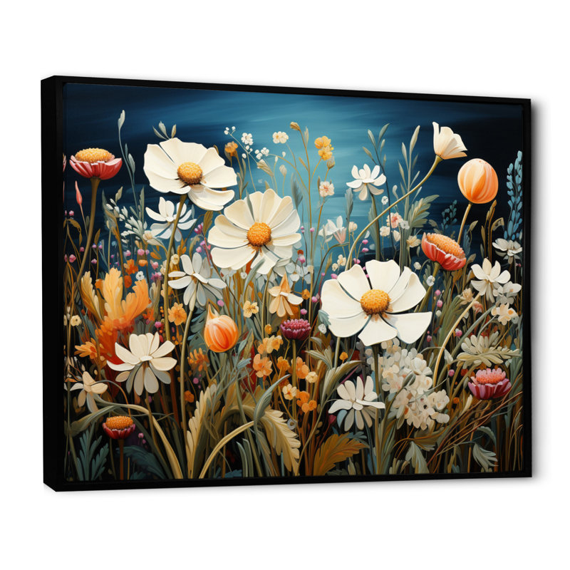 Symphonie florale blanche sur toile, H 24 po x l 32 po x P 1 po, Cadre flottant noir