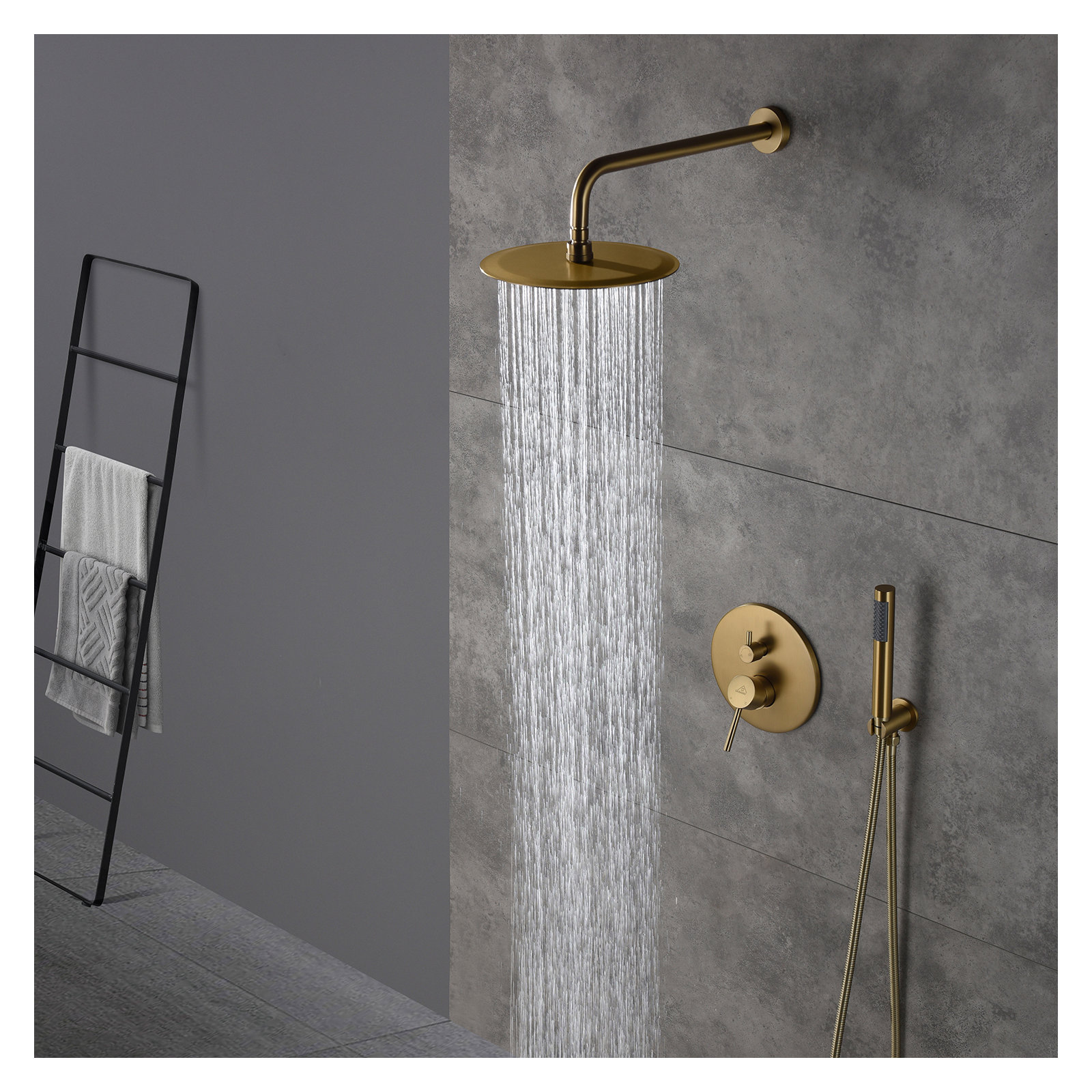 Pressure-Balanced Complete Shower System with 10-Inch Rain Shower Head, Handheld, Rough-in Valve, Brushed Gold