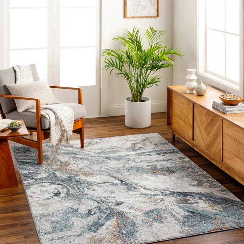 Blue Modern Rug, Abstract Easy to Clean Rug For Living Room, Dining Room, Bedroom, Kitchen, Rectangle 200 x 275 cm