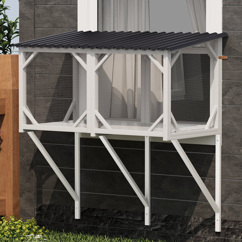 43.3" Cat Window Box,catio Outdoor Enclosure W/waterproof Roof,all Weather Use Cat Window Perch With Windows