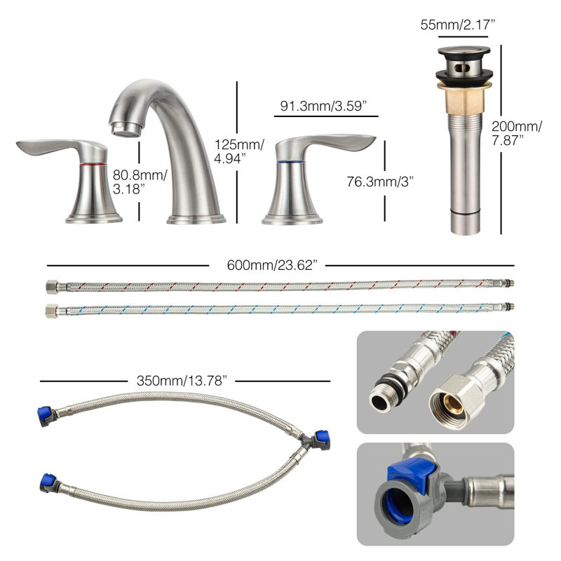 Bathroom Sink Faucet, Faucet For Bathroom Sink, Widespread Brushed Gold Bathroom Faucet 3 Hole, Brushed Silver