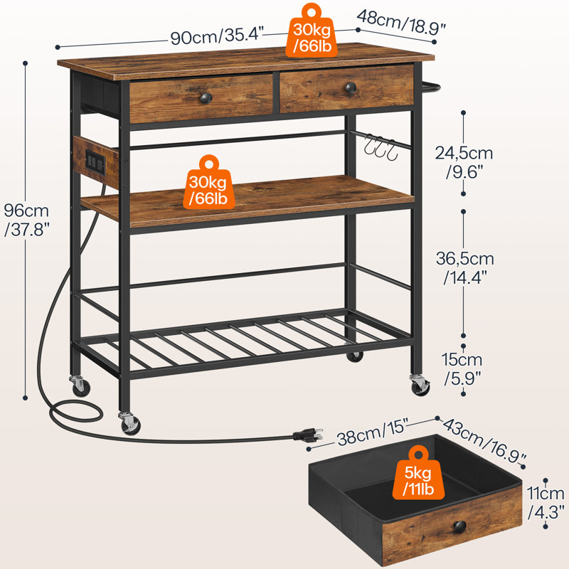 Ansen 37.8" Rolling Kitchen Island with Storage and Power Outlet