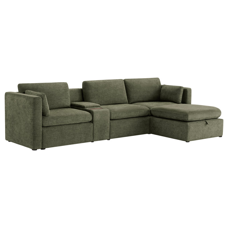 Winfree 4- Piece Upholstered Sectional With Console, Moss Green Polyester