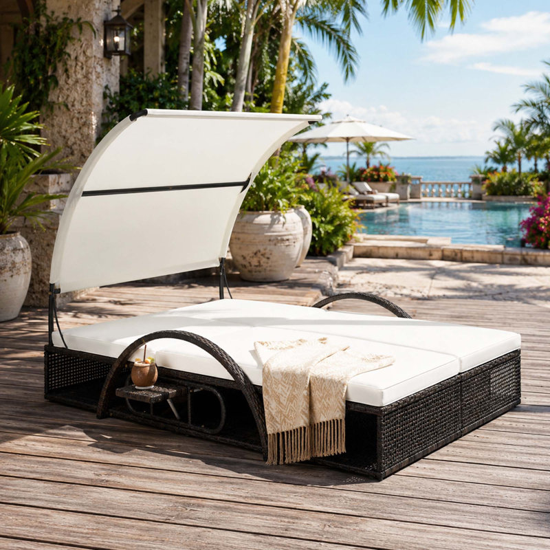Contemporary Steel Frame Outdoor Sun Lounger with Adjustable Backrest, Double Patio Daybed, Curved Canopy, Side Table for Backyard Pool Deck