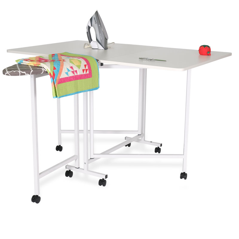 Modern White Metal 63''x59'' Cutting & Ironing Table with Casters