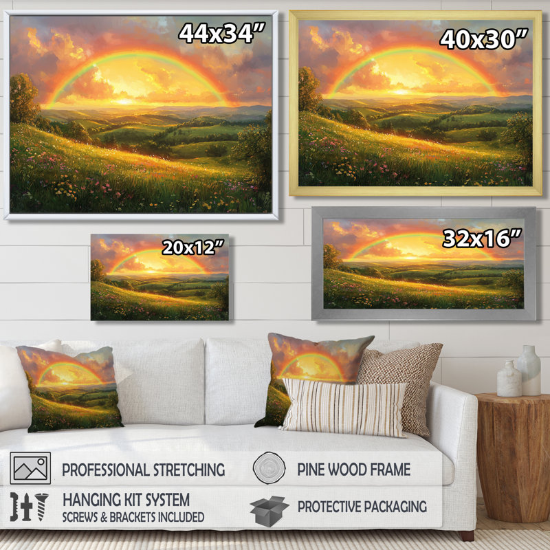 Rainbow Over The Hills At Dusk II - Rainbow Wall Art, H 12 po x l 20 po, Cadre flottant doré
