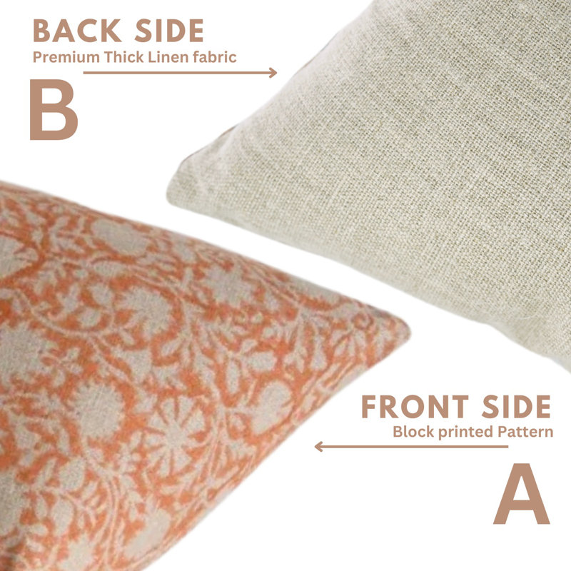 Block Print Throw Pillow Cover, 4 Thick Linen Decorative Pillowcase, 24" x 24"