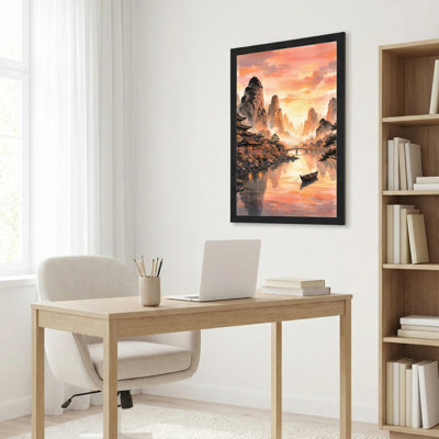 Chinese Landscape Painting Canvas Wrapped Wall Art Oil Painting Print With Mountains Temple And Boat At Sunset (Set Of 1)