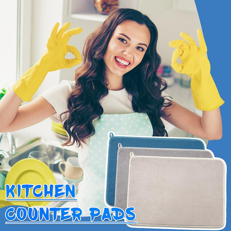 Dish Drying Mat – Beige / Blue / Gray – Large, Absorbent Microfiber, Kitchen Counter, Coffee, Rack & Under Sink Use