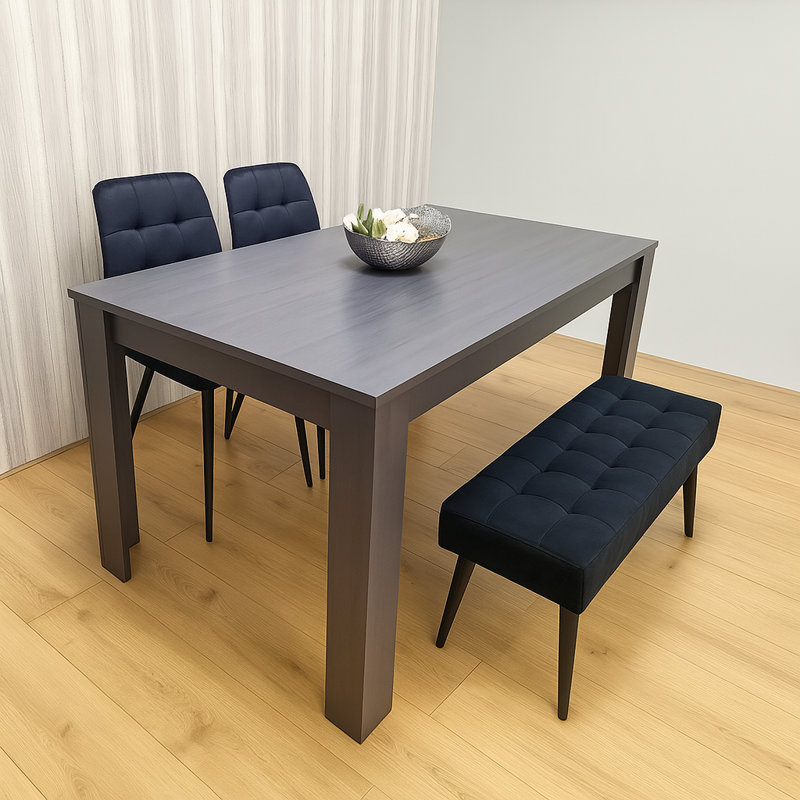 Wooden Dining Set with 2 Velvet Chairs and Bench, Charcoal, Black, 75cm H x 140cm L x 80cm W