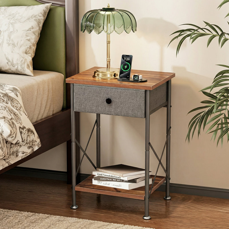 Alameen Fabric Drawer Nightstand With Open Shelf, Small Bedside Table For Bedroom, Hemp Gray, Individual