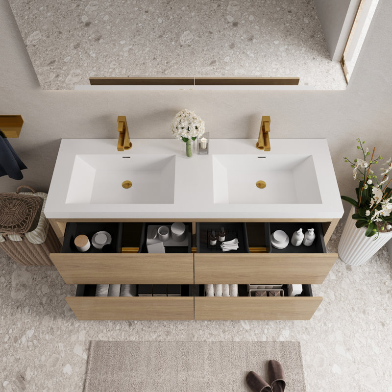 Meuble-lavabo élégant avec finition en chêne, comptoir en résine de pierre, parfait pour les maisons modernes