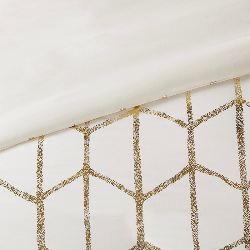 Housse de couette géométrique moderne avec accents, Housse de couette très grand + 4 pièces supplém, Ivoire/doré