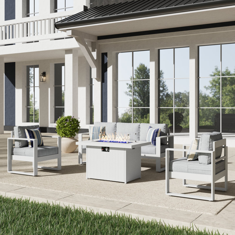 4 Piece Sofa Seating Group With Cushions, Light Grey /  White