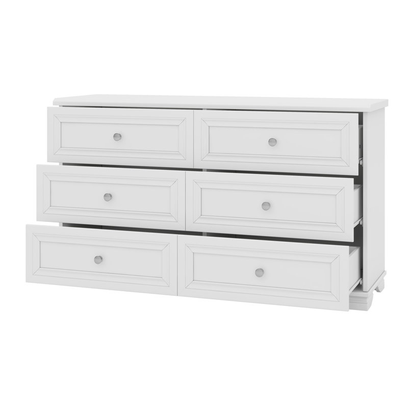 Commode 6 tiroirs en bois de style rétro avec armoire de rangement de style rétro avec poignées en métal, Blanc