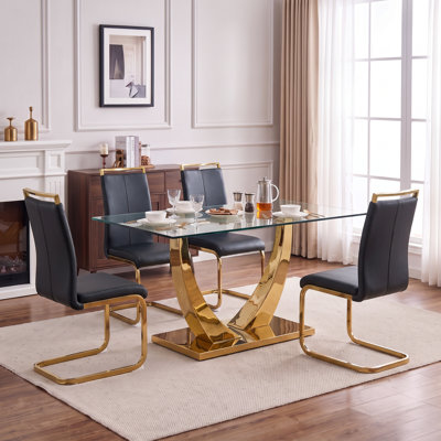 Ensemble de salle à manger 5 pièces rectangulaire moderne en verre trempé avec base en métal et chaises en porte-à-faux en similicuir