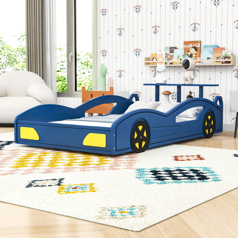 Twin Car-Shaped Platform Bed With Slats, Blue Yellow