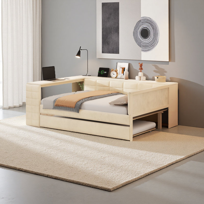 Lit plateforme double tapissier pleine grandeur avec tablettes de rangement, bureau, station de charge et lit gigogne, Beige