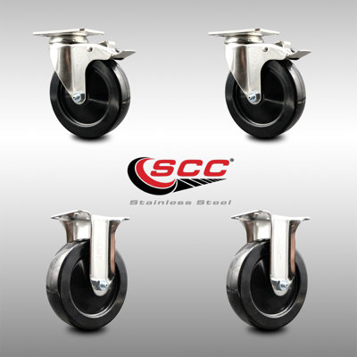 316SS Soft Rubber Wheel Swivel Top Plate Caster Set 2 Lock Brake 2 Rigid