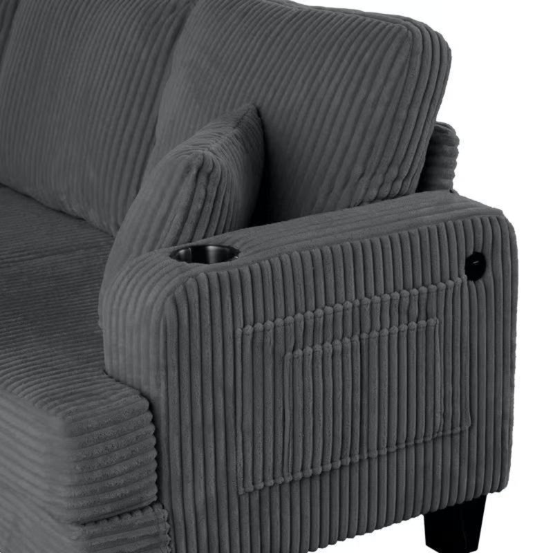 84" Corduroy Sofa with USB Charging Ports, Built-In Cup Holders & Side Pockets – Upholstered Living Room Couch, Dark Gray