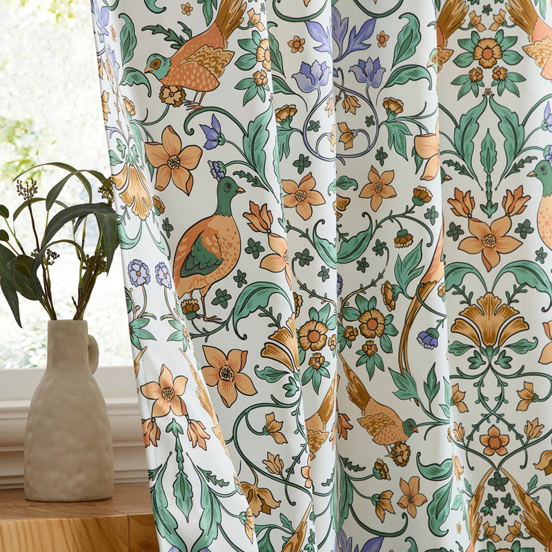 HLC.ME Florence Floral & Birds Patterned Window Back Tab Rod Pocket Curtains Bedroom - Light Blocking Darkening Window Panels, Set of 2 (Buttermere Yellow Gold, 52 W x 84 L)