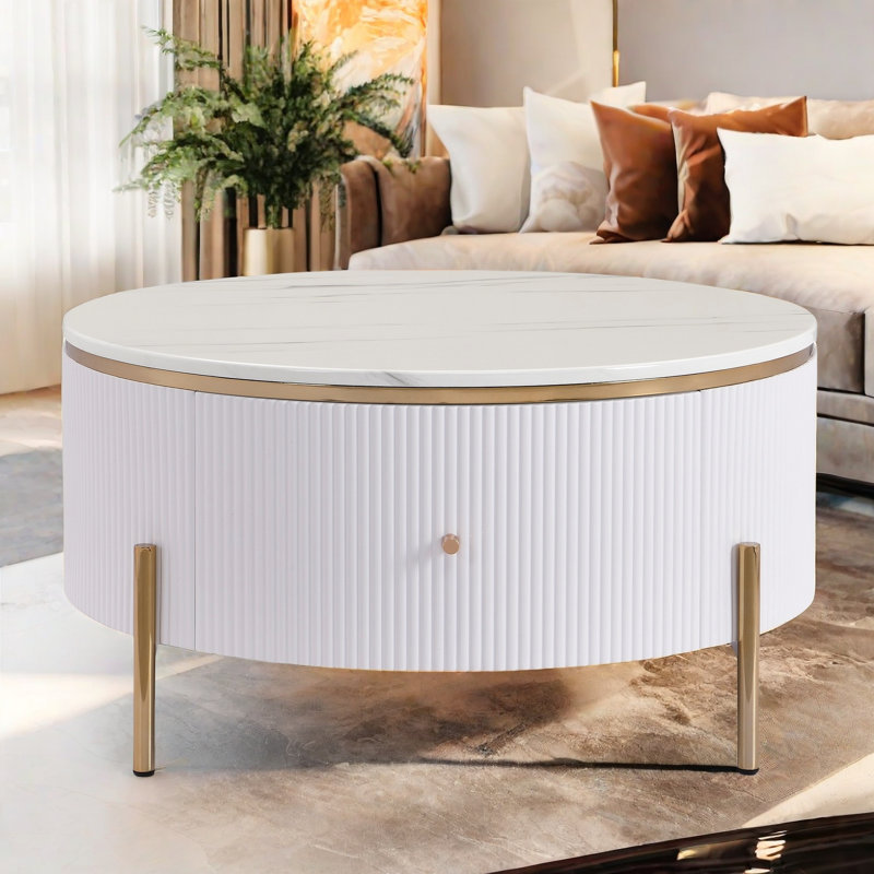Modern Round Coffee Table With 2 Large Drawers, Marble Pattern And Golden Legs