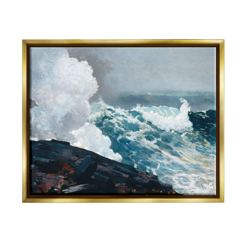 Vagues de l'océan et falaises, H 17 po x l 21 po x P 1,7 po, Cadre flottant métallique doré
