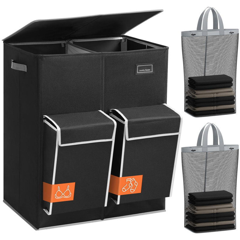Double Laundry Hamper With Lid, 47.8 Gal Laundry Basket 2 Section With 2 Side Pockets, Dirty Clothes Hamper With Removable Bag, (Black)