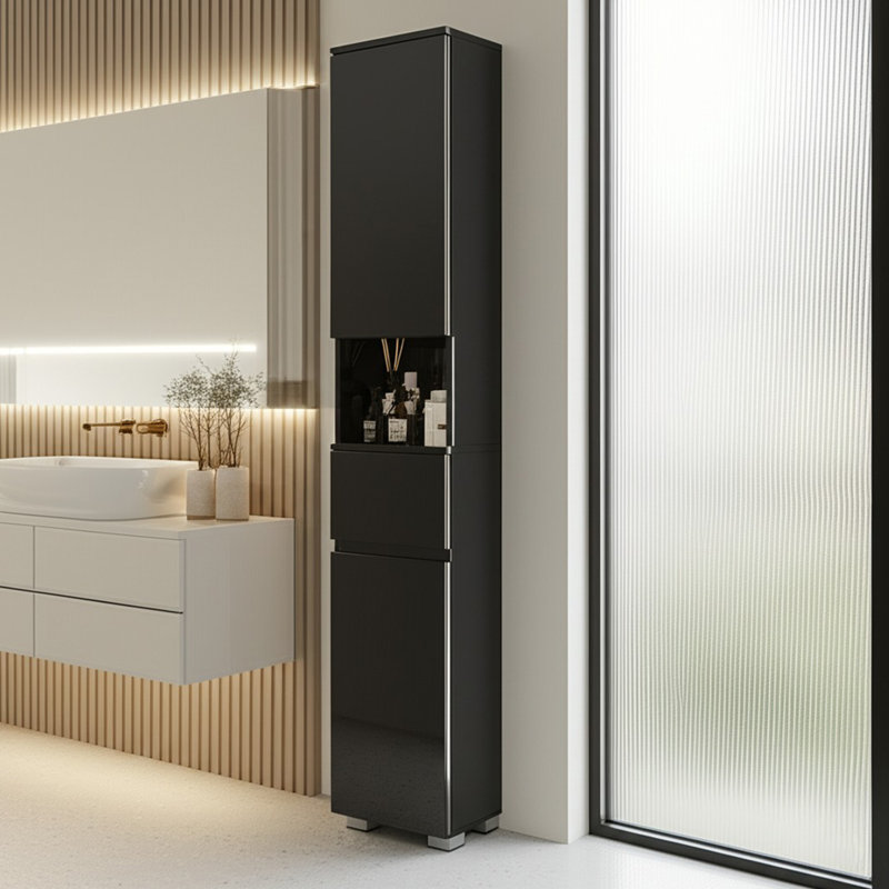 High Glossy Slim Bathroom Cabinet. Storage Cabinet With Drawer And Adjustable Shelves, Narrow Linen Cabinet For Bathroom, Laundry, And Living Room, Black