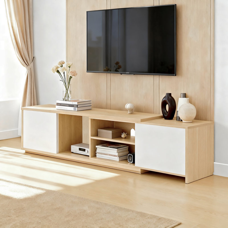 Modern Extendable TV Stand with Adjustable shelves and Open Storage for  TVs up to 90", Oak