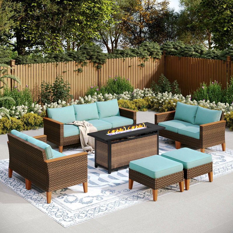 Argyri 9-Piece Wicker Outdoor Patio Conversation Furniture Sectional Set with Fire Pit Table, Yes, Blue