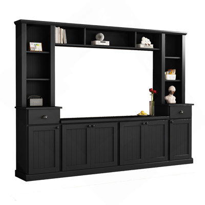 Ensemble mural minimaliste avec pont, offrant beaucoup de rangement et des tablettes réglables pour les téléviseurs jusqu'à 70 pouces, idéal pour les maisons modernes.
