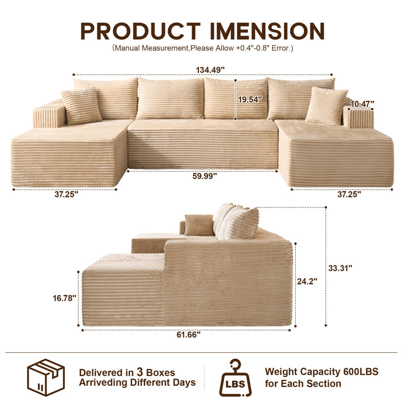 Navarrie Boneless 134" U-Shaped Sectional, No Assembly Required Compression Sofa with Dual Chaises, Beige